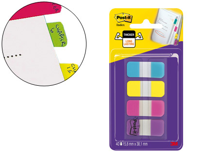 4x10 banderitas señalizadoras rigidas Post-it Index 15,8x38,1mm. amarillo azul rosa y violeta